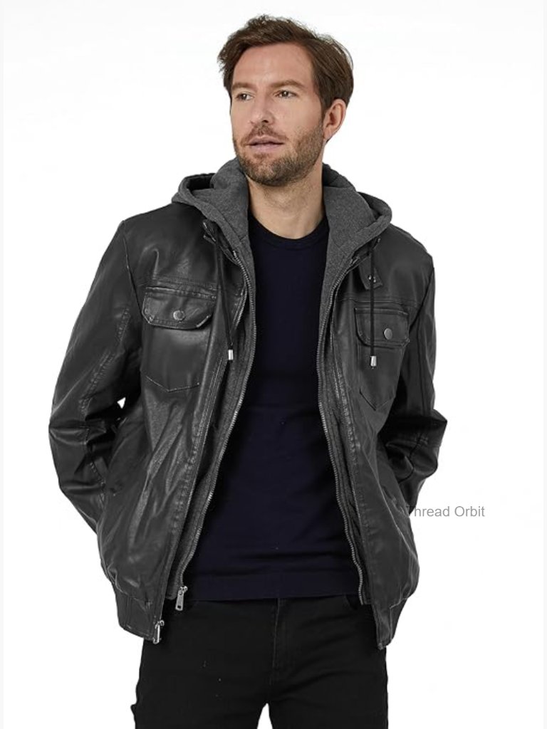 Men's Faux Leather Motorcycle Bomber Jacket Slim Fit With Detachable Hood